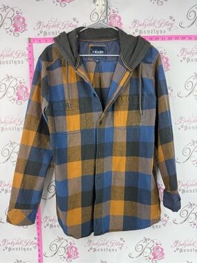 Kolby button up hooded Men's Blue & orange Plaid Hooded Shirt Jacket